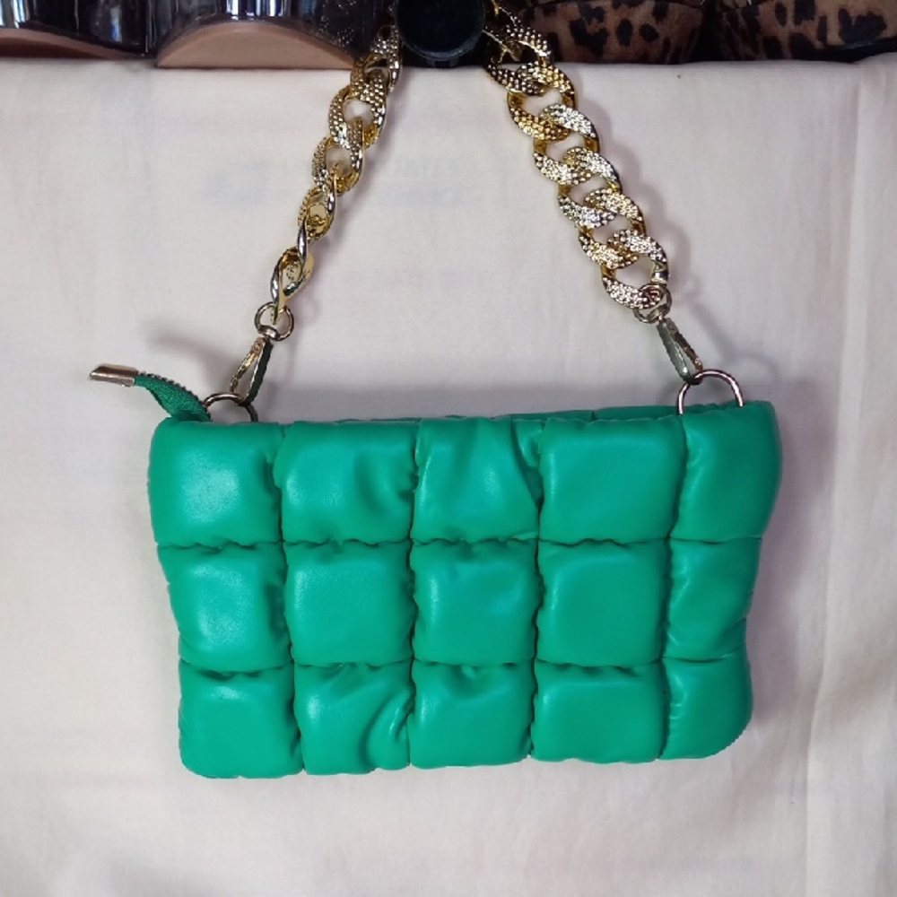 Emerald Green Quilted Wristlet with Gold Chain